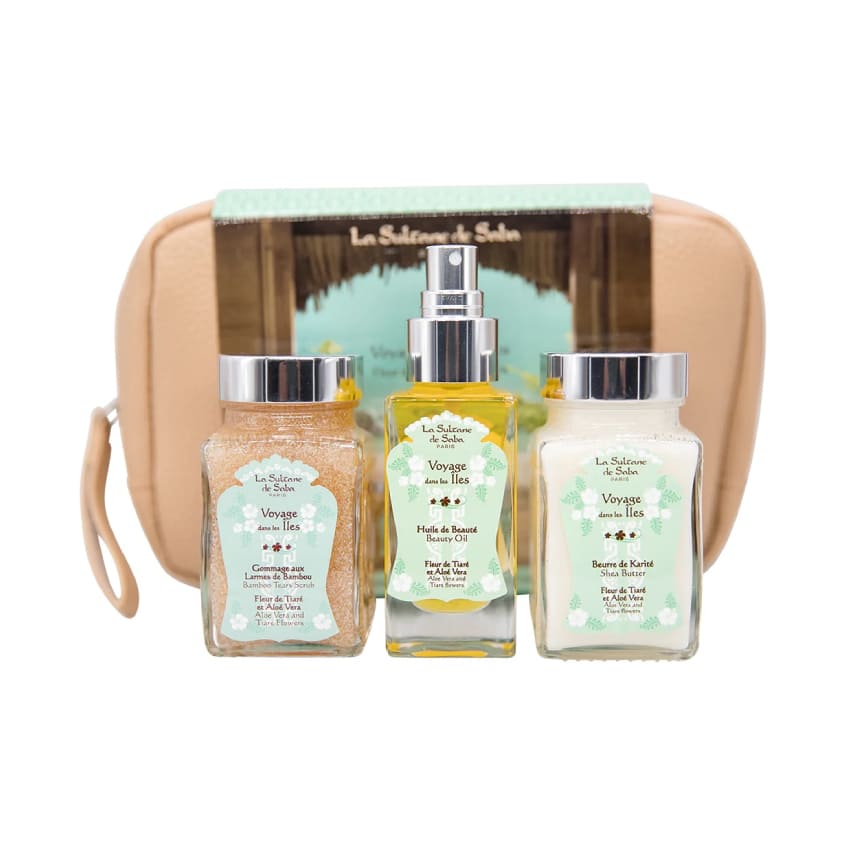 La Sultane de Saba Aloe Vera Body care kit – Alavijo ir Tiarės žiedų aromatas – kūno priežiūros rinkinys – kūno aliejus, šveitiklis, sviestas