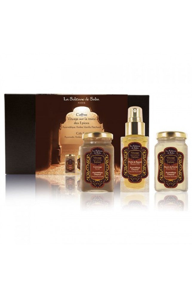 La Sultane de Saba Oriental Ayurvedic Scented Body care kit – gintaras, vanilė, pačiulis – kūno priežiūros rinkinys – šveitiklis, grožio aliejus, taukmedžio sviestas