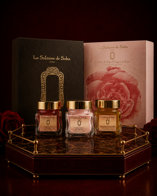 La Sultane de Saba Bride Rose Facial care kit – rožė – veido priežiūrai skirtas rinkinys – balzamas, kremas, kaukė