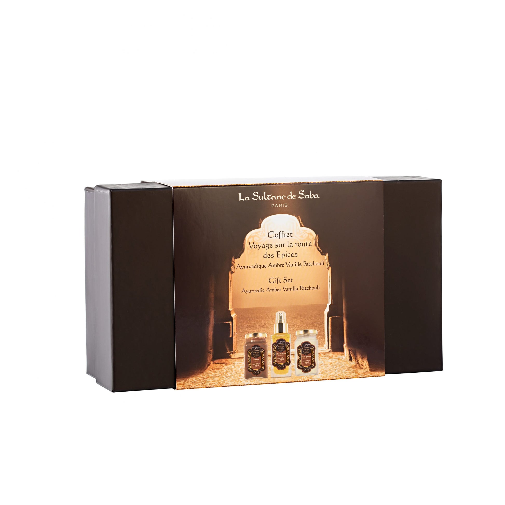 La Sultane de Saba Oriental Ayurvedic Scented Body care kit – gintaras, vanilė, pačiulis – kūno priežiūros rinkinys – šveitiklis, grožio aliejus, taukmedžio sviestas