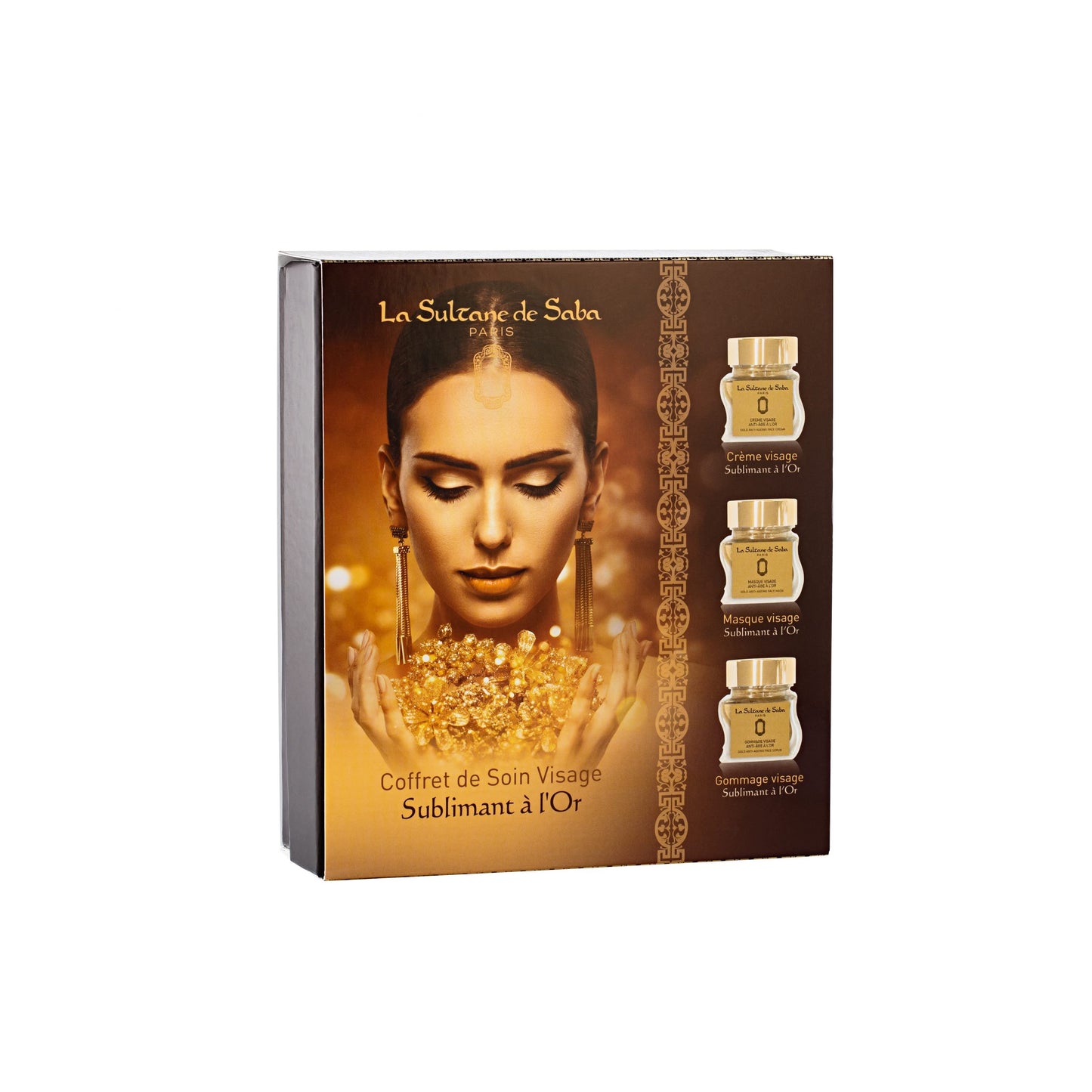 La Sultane de Saba Gold and Champagne Facial care kit – auksas, šampanas – 23 karatų aukso veido priežiūros rinkinys – veido kremas, šveitiklis, kaukė
