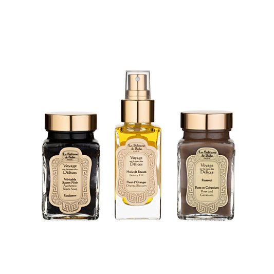 La Sultane de Saba Hamam Rituals Neutral Body care set – kūno priežiūros rinkinys – juodas muilas, grožio aliejus, rassoul
