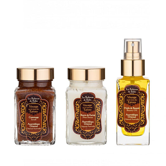 La Sultane de Saba Oriental Ayurvedic Scented Body care kit – gintaras, vanilė, pačiulis – kūno priežiūros rinkinys – šveitiklis, grožio aliejus, taukmedžio sviestas