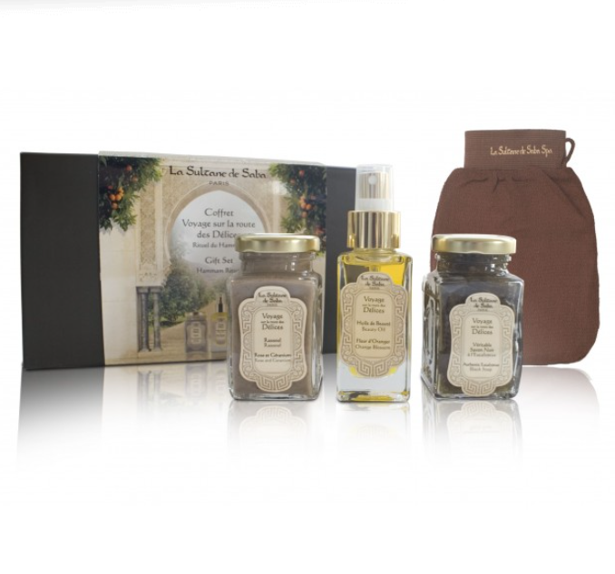 La Sultane de Saba Hamam Rituals Neutral Body care set – kūno priežiūros rinkinys – juodas muilas, grožio aliejus, rassoul
