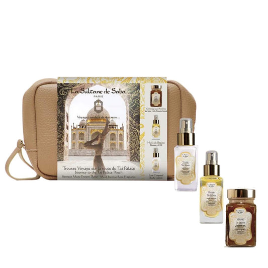 La Sultane de Saba Taj Body care kit – rožė, muskusas, smilkalai – kūno priežiūros rinkinys – šveitiklis, aliejus, losjonas
