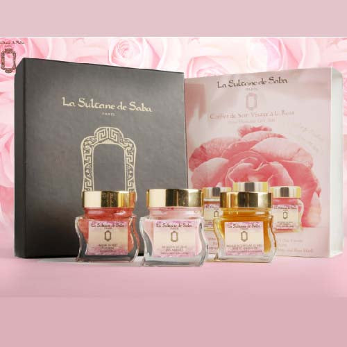 La Sultane de Saba Bride Rose Facial care kit – rožė – veido priežiūrai skirtas rinkinys – balzamas, kremas, kaukė
