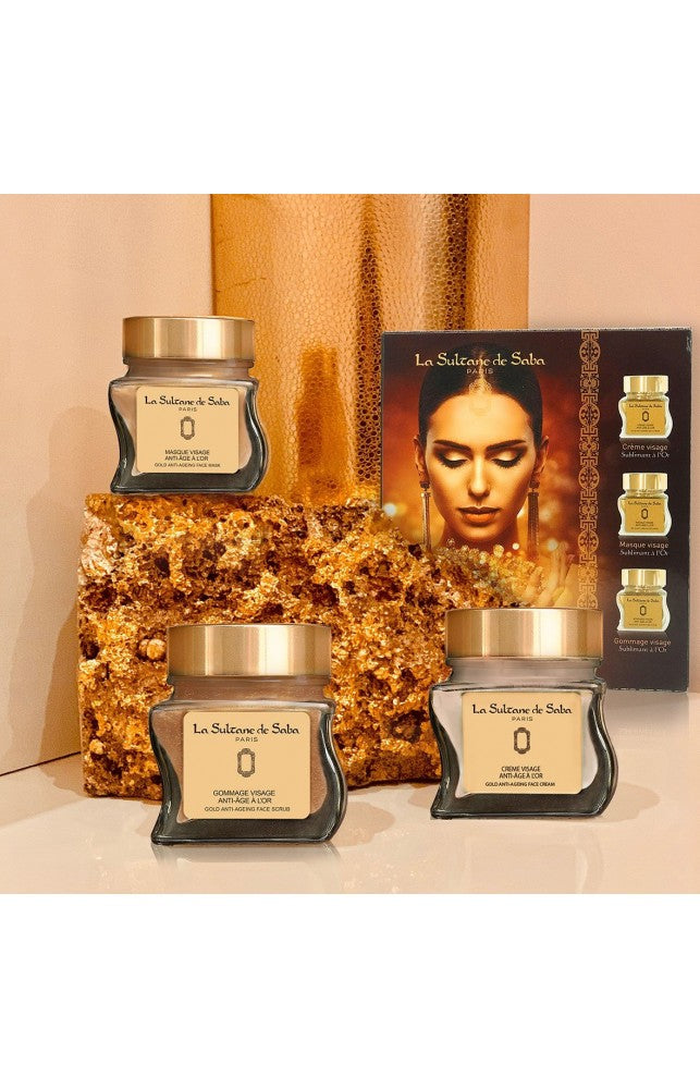 La Sultane de Saba Gold and Champagne Facial care kit – auksas, šampanas – 23 karatų aukso veido priežiūros rinkinys – veido kremas, šveitiklis, kaukė