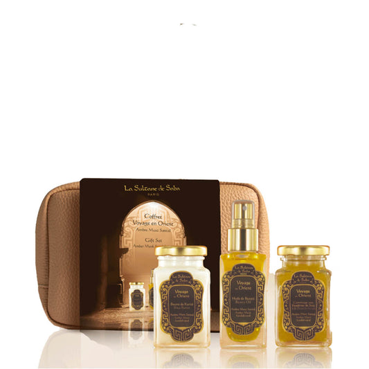 La Sultane de Saba Voyage en Orient Beauty kit – gintaras, muskusas, santalmedis – rinkinys – aliejus, šveitiklis, sviestas